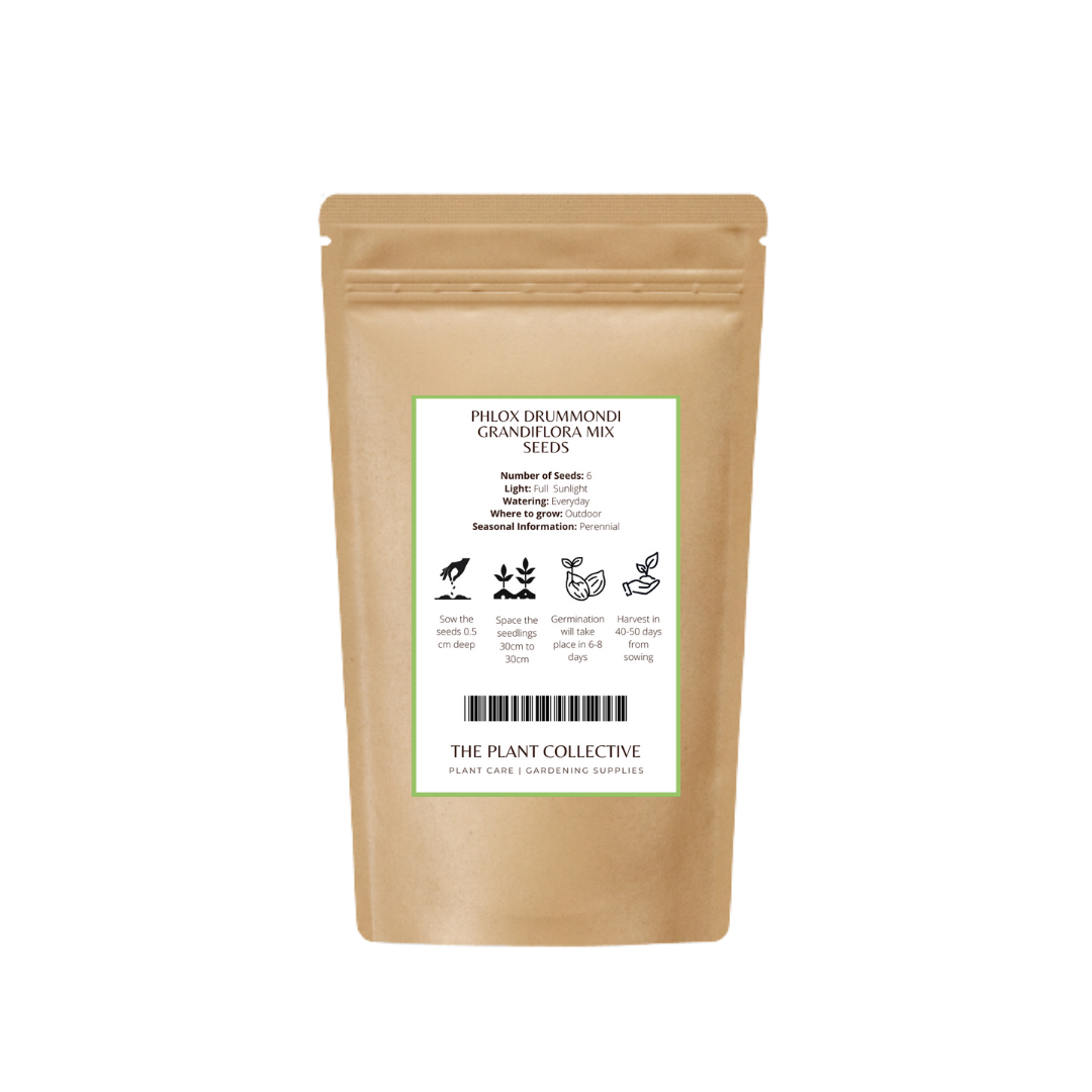 Brown colour stand up pouch packaging for Phlox Drummondi Grandiflora Mix Seeds with label containing sowing and harvesting information